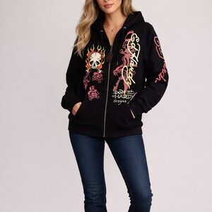Ed Hardy Women's Black and Pink Graphic Zip-Up Hoodie